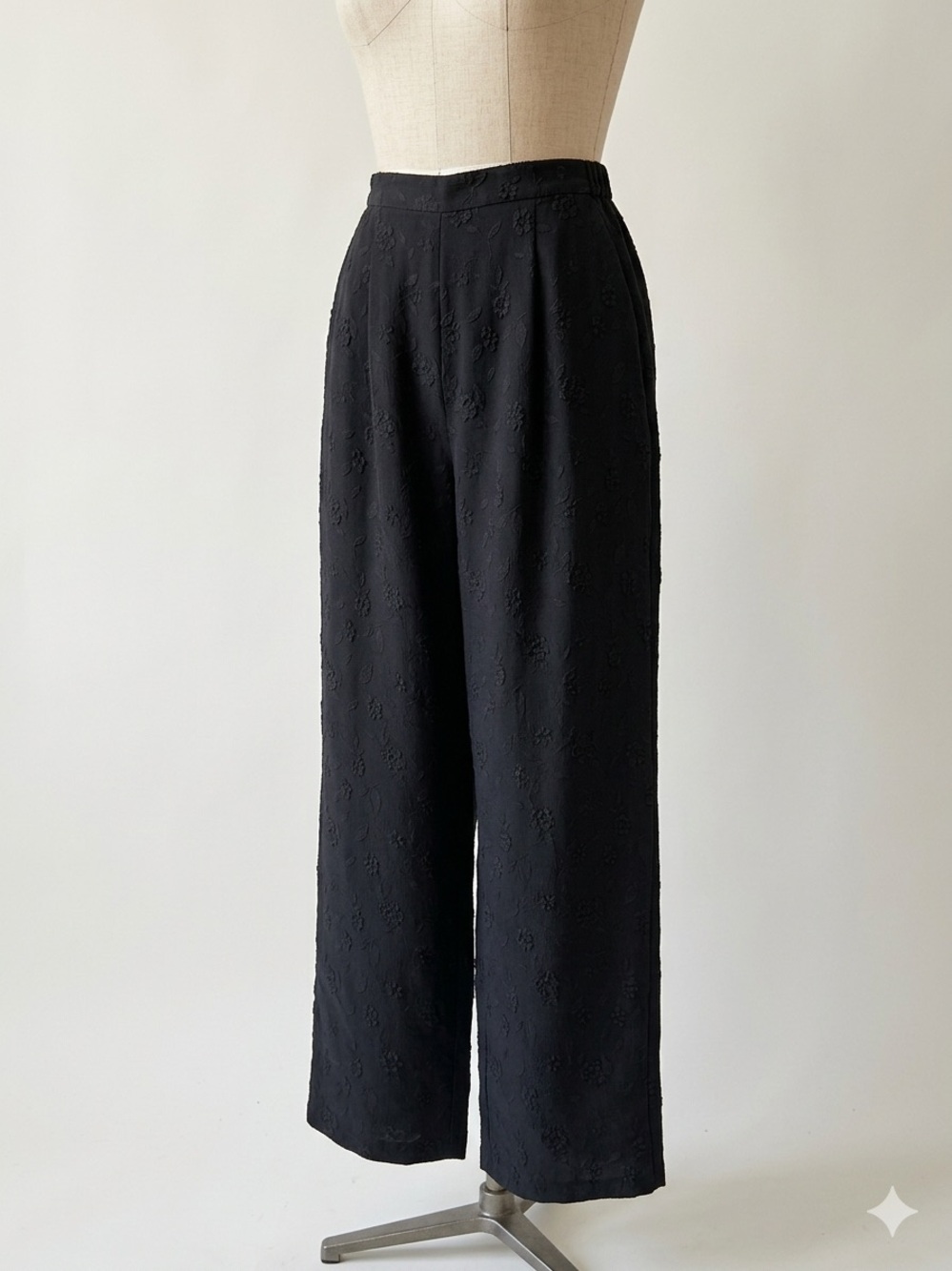 Citron Santa Monica 100% Silk Black Floral Jacquard Wide Leg On Pants S Washable